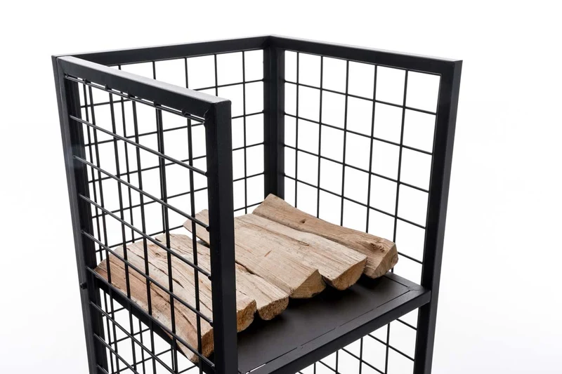 Range-bûches vertical 40x40x120 en métal noir avec tablette – Rangement bois de chauffage design 10_0009030