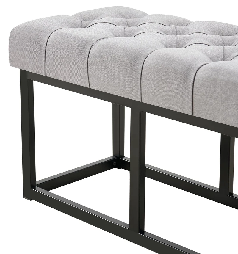 Banc capitonné rembourré 120 cm tissu gris avec structure métal noir design contemporain 10_0008527