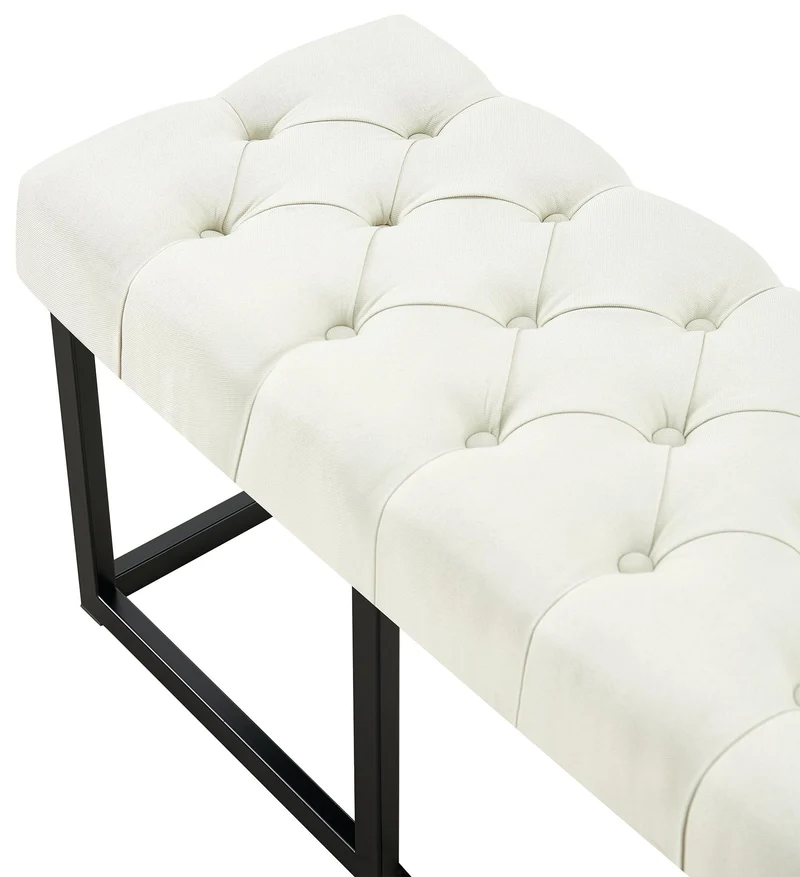 Banc capitonné rembourré 120 cm tissu crème avec structure métal noir design contemporain 10_0008460