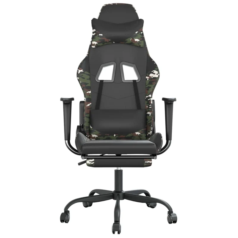 Fauteuil de bureau chaise gaming sur roulettes avec repose-pied noir et camouflage PVC vert DEC025763