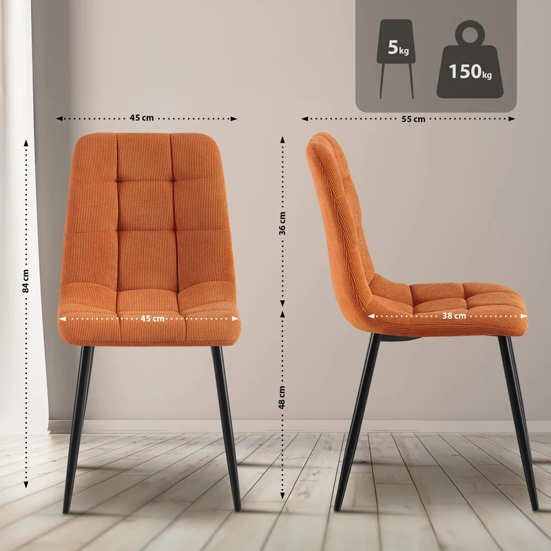 Chaise de salle à manger x1 coutures décoratives carrées en velours côtelé orange et métal noir 10_0007394