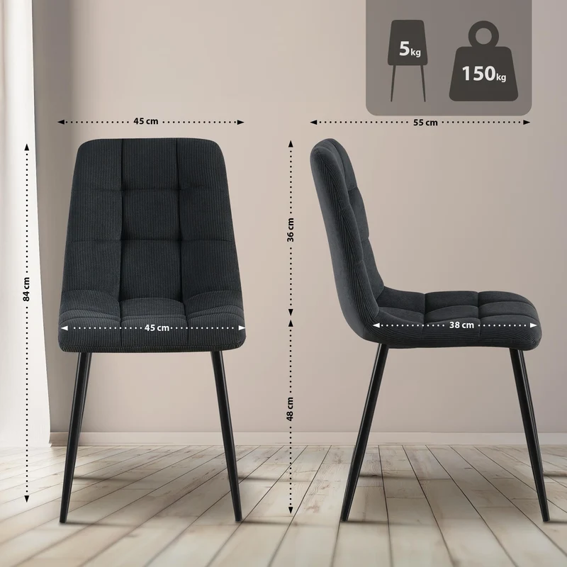 Chaise de salle à manger x1 coutures décoratives carrées en velours côtelé noir et métal noir 10_0007257