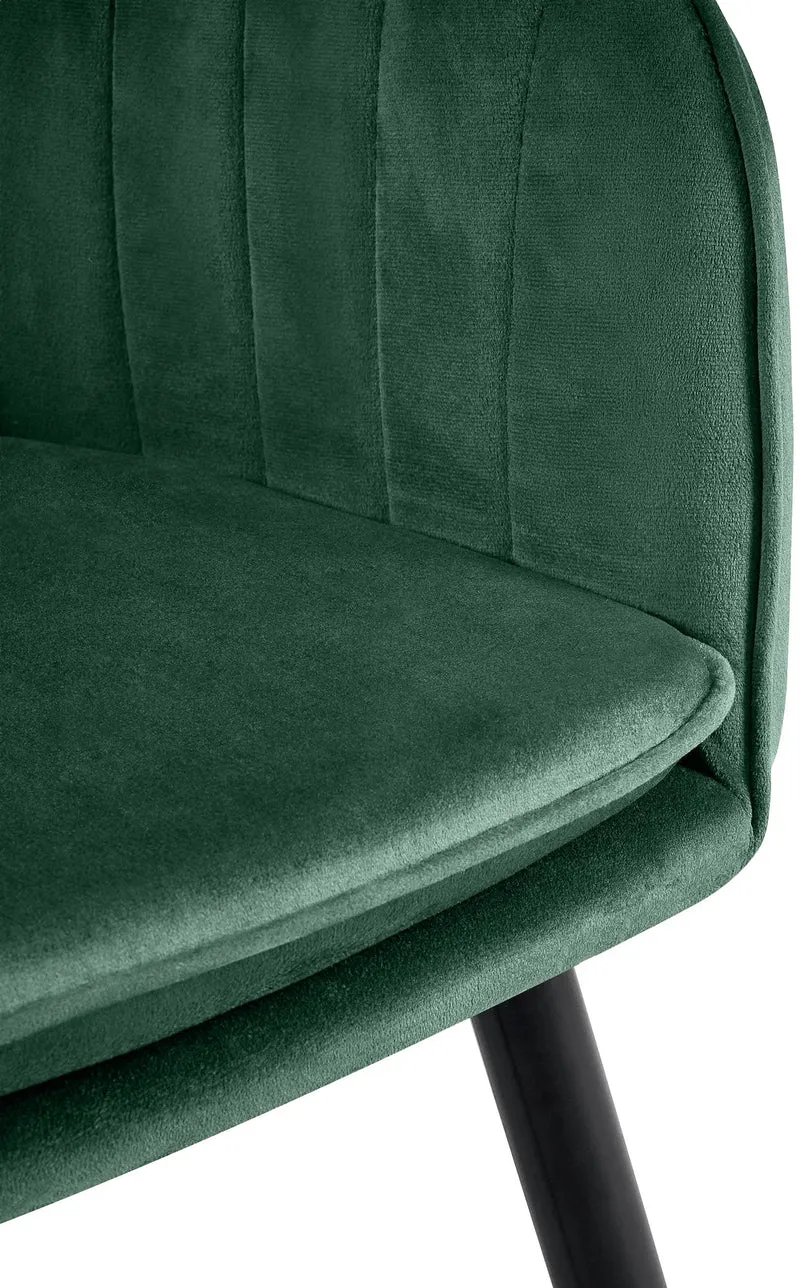 Fauteuil élégant en velours vert avec coutures verticales et pieds métal noir 10_0007627