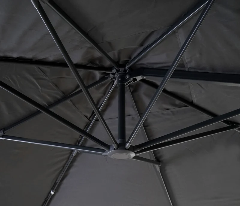 Parasol professionnel restaurant pour jardin terrasse 3x3m (Ø4,24m) pivotant, polyester aluminium/acier 23kg anthracite sans pied 04_0003291