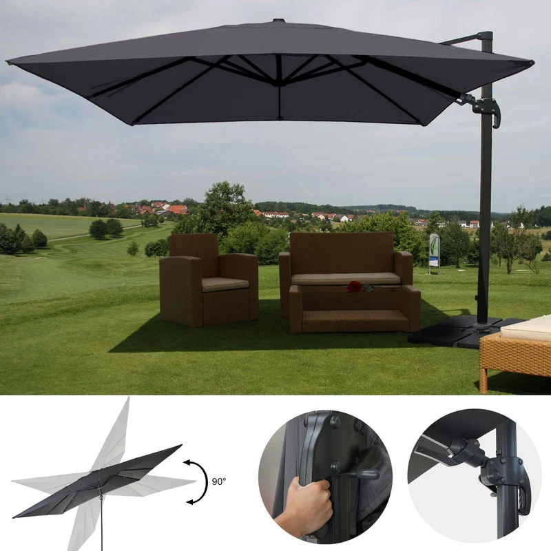Parasol professionnel restaurant pour jardin terrasse 3x3m (Ø4,24m) pivotant, polyester aluminium/acier 23kg anthracite avec pied, rotatif 04_0003444