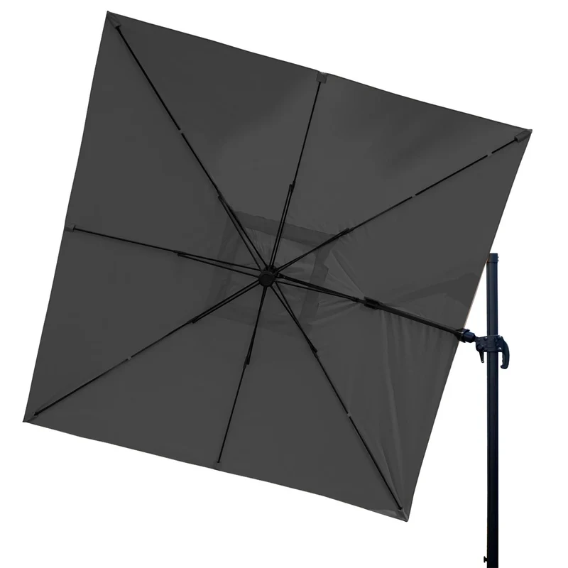 Parasol professionnel restaurant pour jardin terrasse 3x3m (Ø4,24m) pivotant, polyester aluminium/acier 23kg anthracite avec pied, rotatif 04_0003444