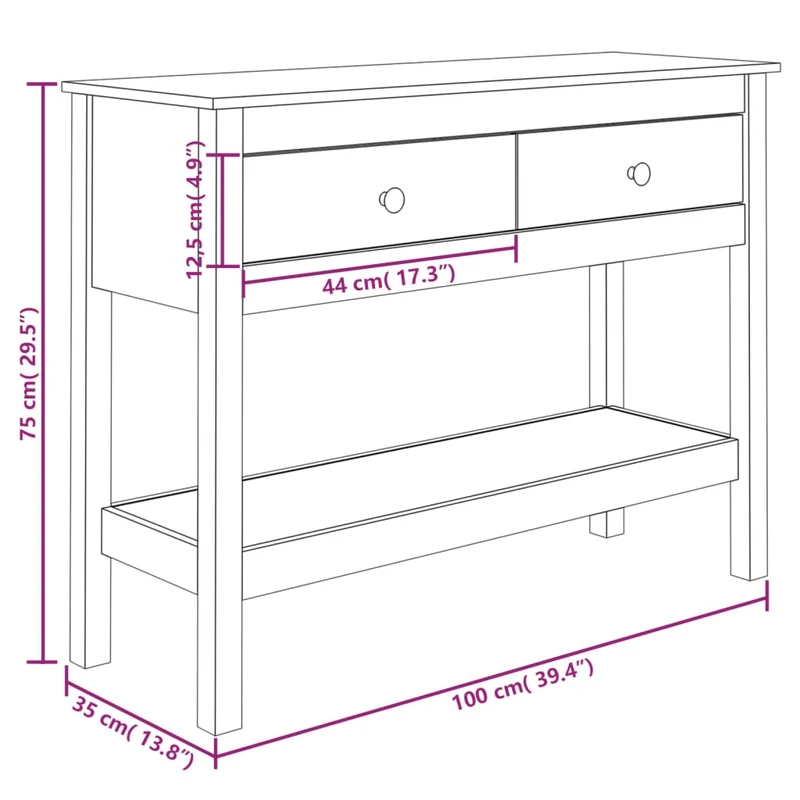 Table d'appoint console pratique avec tiroirs de rangement 100 x 35 x 75 cm bois de pin blanc DEC031676