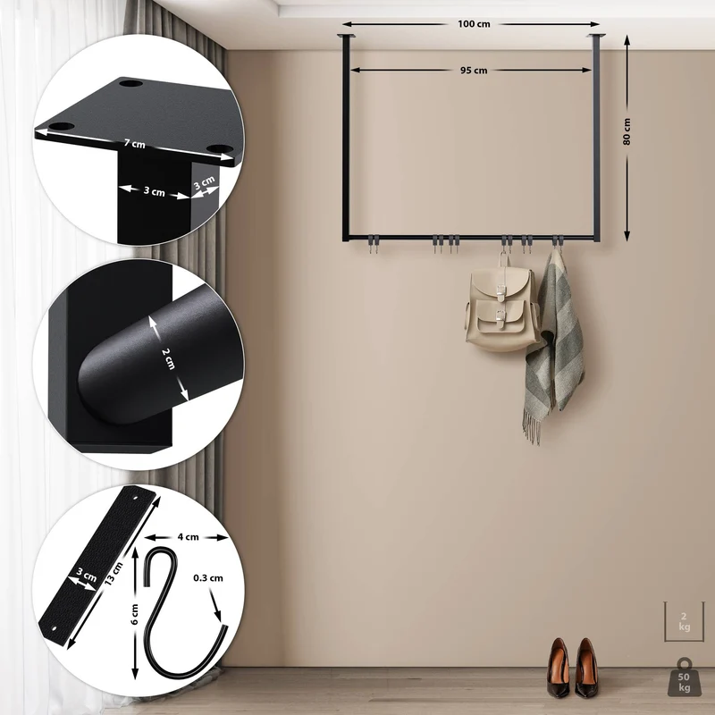 Tringle à vêtements suspendue porte-manteau avec 12 patères 100x80 cm acier thermolaqué noir 10_0009010