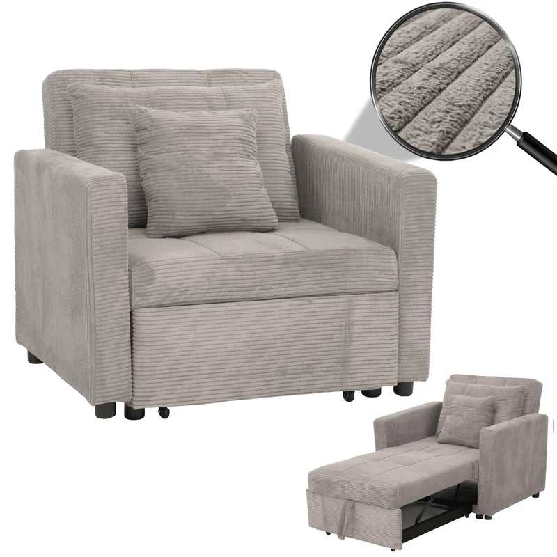 Fauteuil-lit lit d'appoint relaxation dossier réglable surface de couchage 197x100 cm tissu velours côtelé gris clair 04_0006253