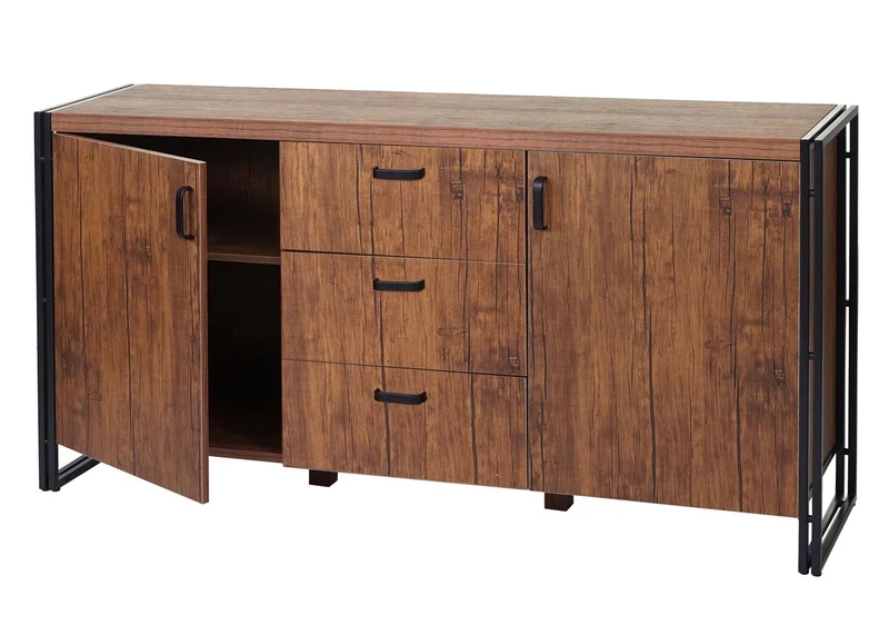Buffet avec deux compartiments de rangement 3 tiroirs 80x160x40 cm MDF aspect chêne et métal 04_0005983