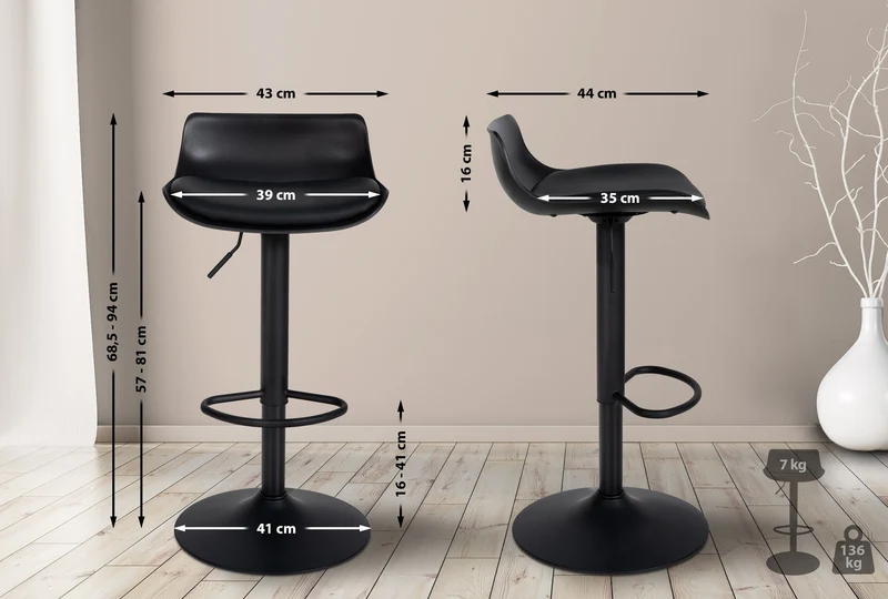 Tabouret de bar x1 avec repose-pieds hauteur réglable desing moderne en PVC noir et métal noir 10_0004536
