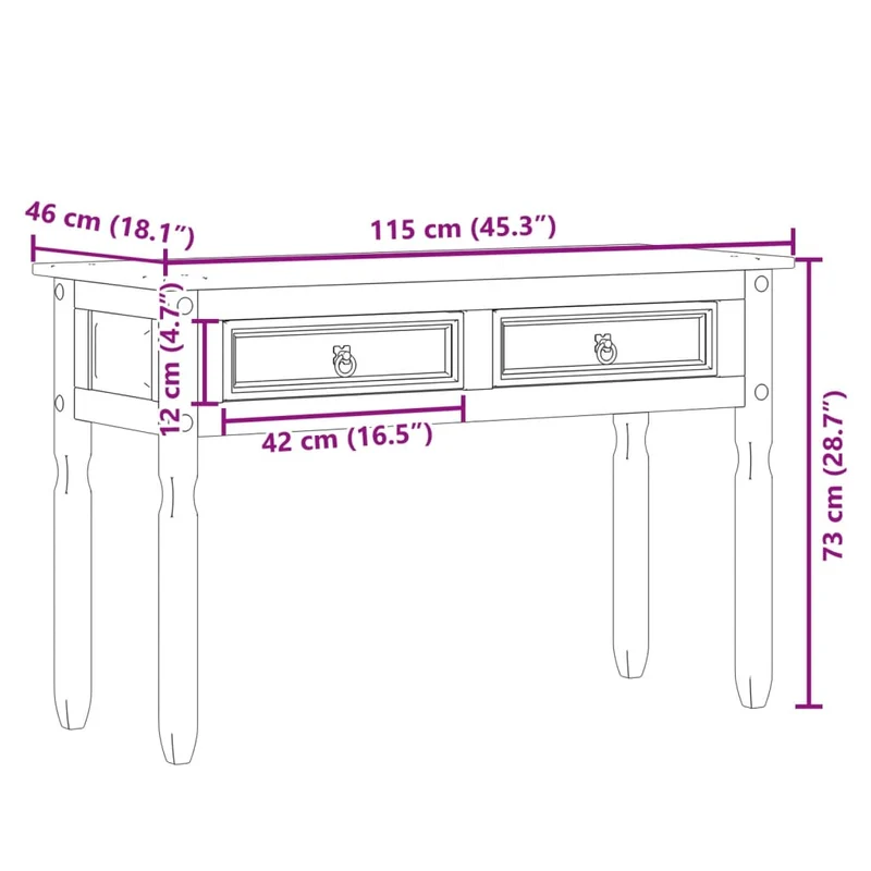 Table console design classique avec deux tiroirs 115 x 46 x 73 cm bois de pin massif DEC031970