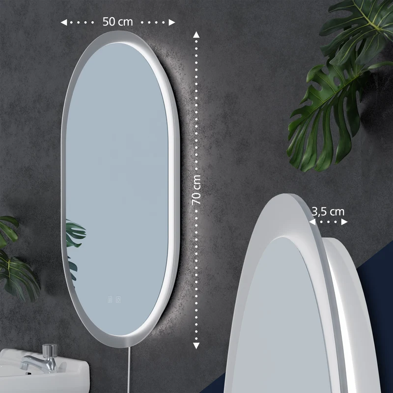 Miroir de salle de bain ovale intensité lumineuse réglable 70x50 cm cadre métal clair 10_0009089