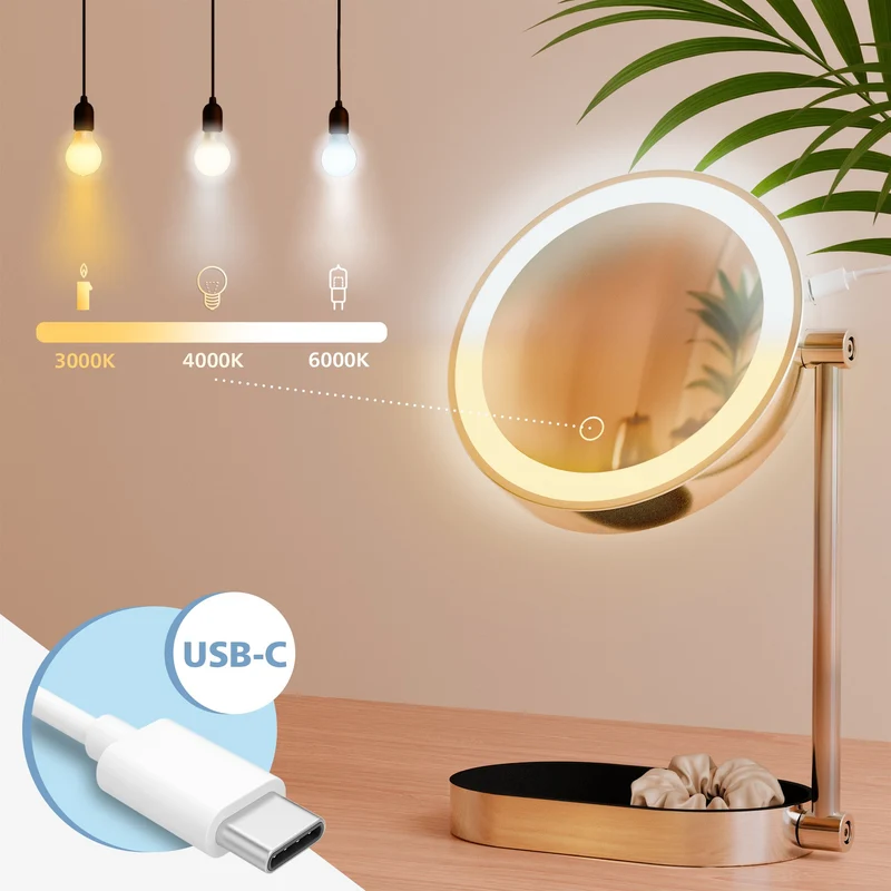Miroir de maquillage tactile double face trois couleurs de lumière LED intensité variable 10_0008965