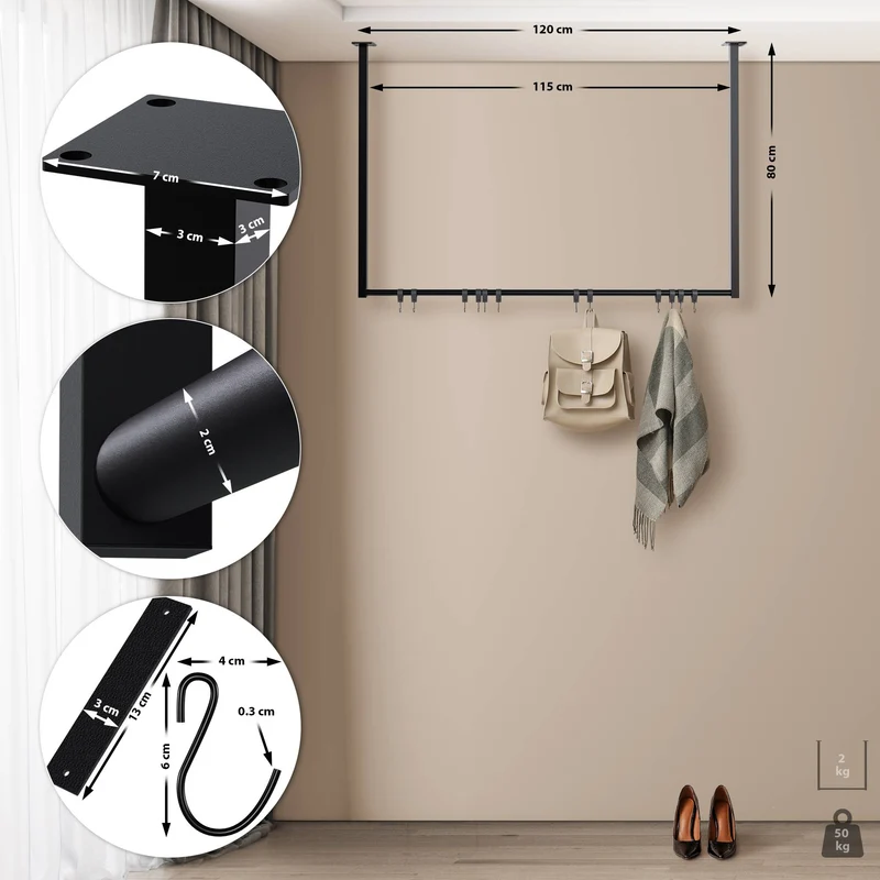 Tringle à vêtements suspendue porte-manteau avec 12 patères 120x80 cm acier thermolaqué noir 10_0009044
