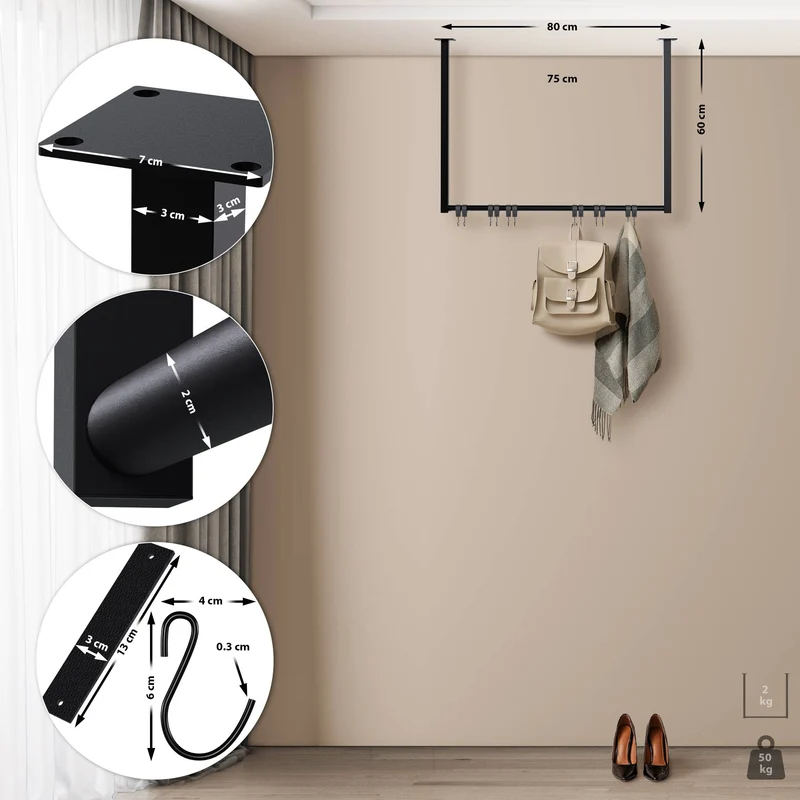 Tringle à vêtements suspendue porte-manteau avec 12 patères 80x60 cm acier thermolaqué noir 10_0009017
