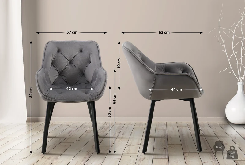 Chaise de salle à manger x1 assise pivotante en velours gris foncé motif matelassé cadre métal 10_0007398
