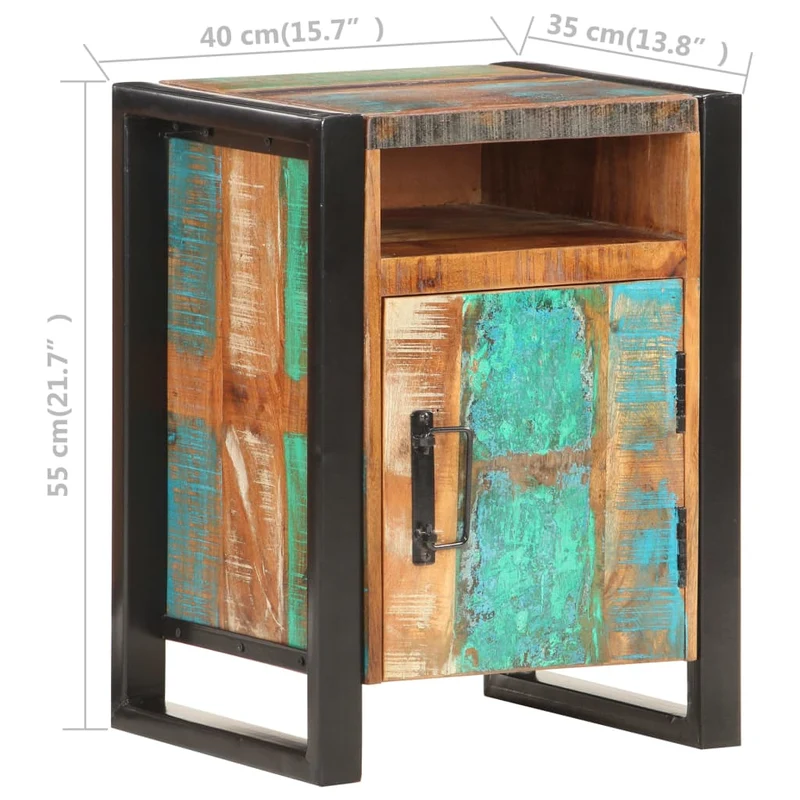 Table de chevet avec compartiment avec porte 40 x 35 x 55 cm bois de récupération coloré aspect vieilli DEC033005