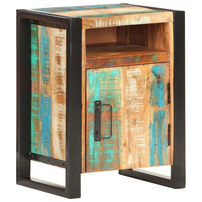 Table de chevet avec compartiment avec porte 40 x 35 x 55 cm bois de récupération coloré aspect vieilli DEC033005