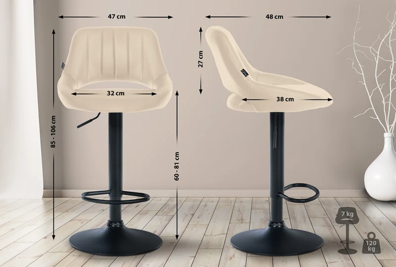 Tabouret de bar chaise haute x1 réglables en PVC crème dossier ajouré et pied métal noir 10_0006595