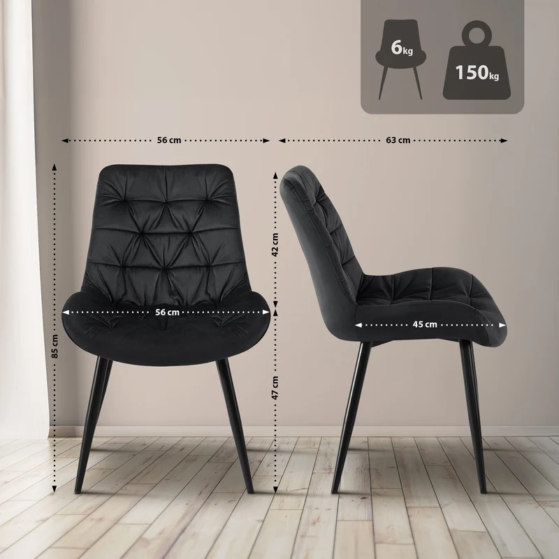 Chaise de salle à manger x1 en velours noir cadre en métal noir confort & élégance intemporelle 10_0007226