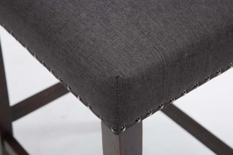 Tabouret de bar chaise haute avec dossier capitonné tissu gris foncé et pieds en bois foncé 10_0000074