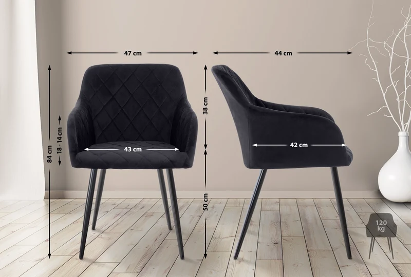 Chaise de salle à manger x1 design retro coutures décoratives en losanges assise en velours noir 10_0007230