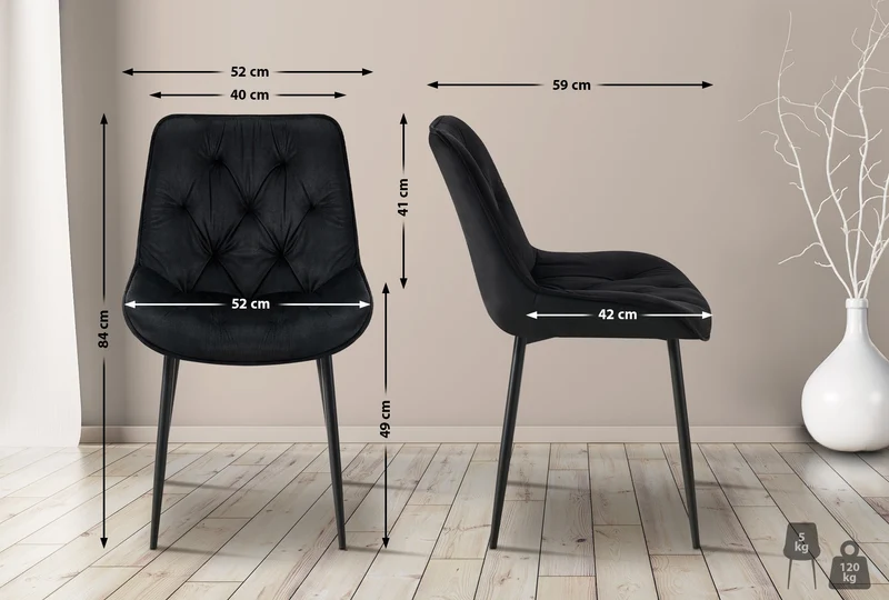 Chaise de salle à manger x1 assise et dossier capitonné en velours noir et métal noir 10_0007237