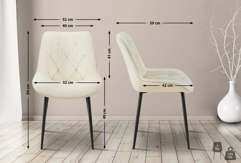 Chaise de salle à manger x1 assise et dossier capitonné en velours crème et métal noir 10_0007236