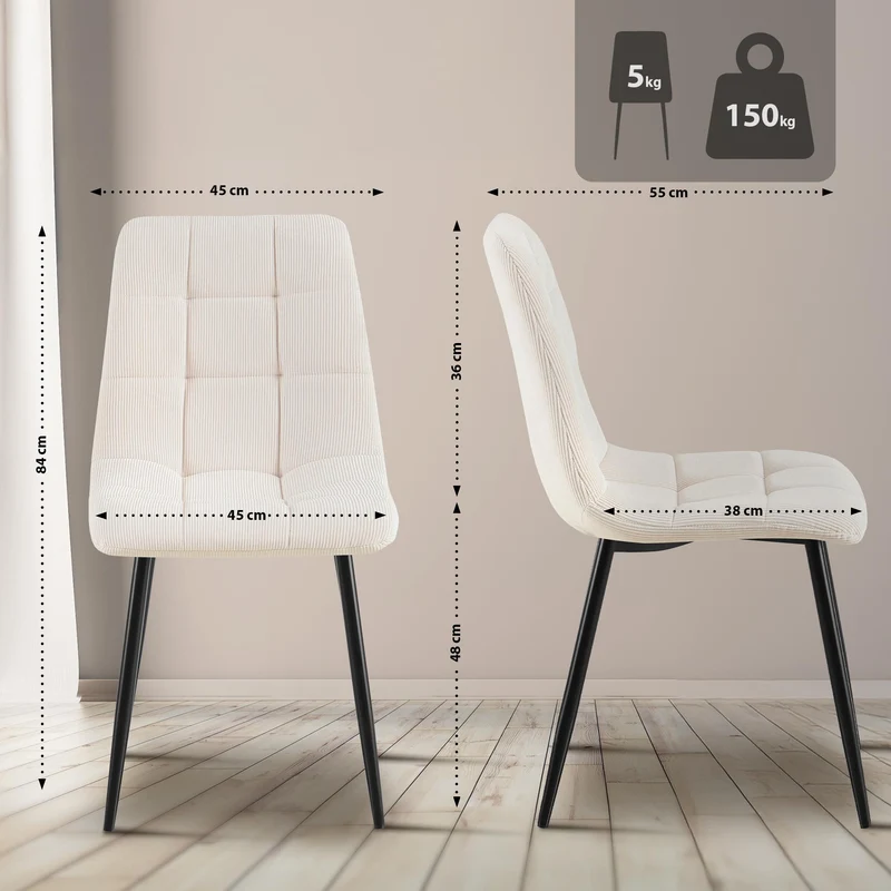 Chaise de salle à manger x1 coutures décoratives carrées en velours côtelé crème et métal noir 10_0007261