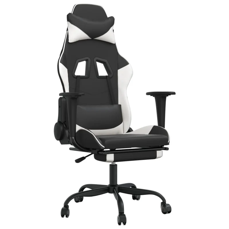 Fauteuil de bureau chaise gaming sur roulettes avec repose-pieds en PVC noir et blanc DEC025748