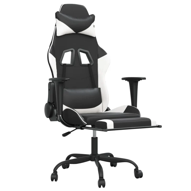 Fauteuil de bureau chaise gaming sur roulettes avec repose-pieds en PVC noir et blanc DEC025748