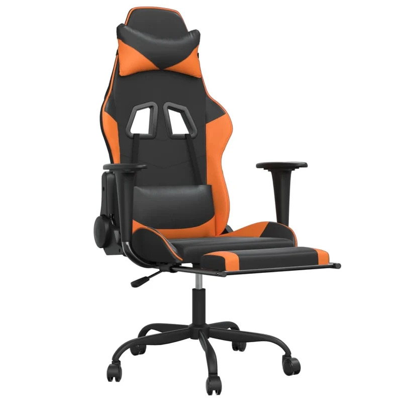 Fauteuil de bureau chaise gaming sur roulettes avec repose-pieds en PVC noir et orange DEC025787