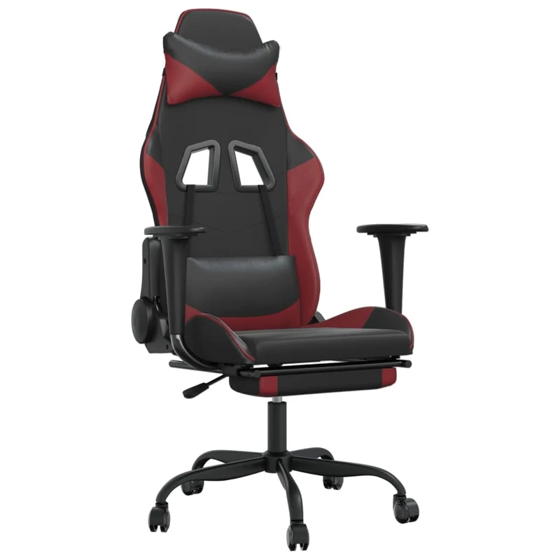 Fauteuil de bureau chaise gaming avec coussin lombaire repose-pieds en PVC noir et bordeaux DEC025942