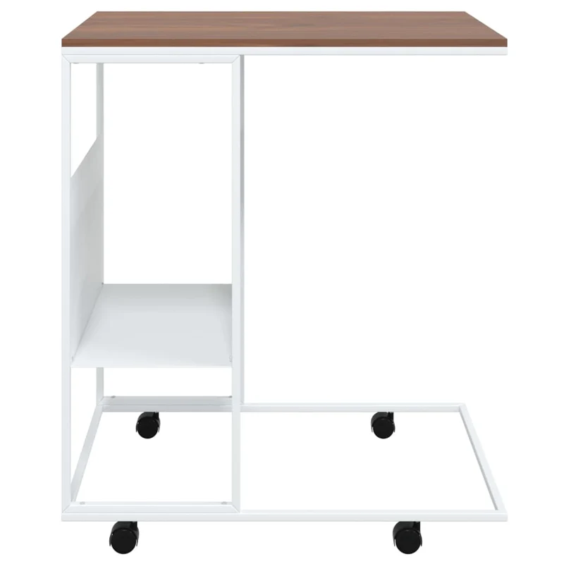 Table d'appoint en forme de C sur roulettes 55 x 36 x 63,5cm bois d'ingénierie marron et fer blanc DEC031294