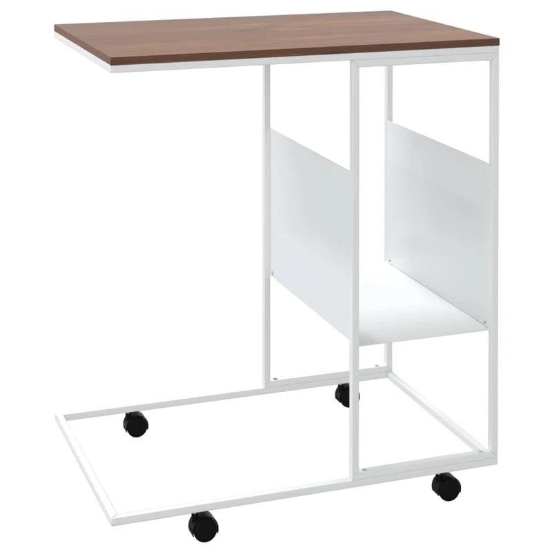 Table d'appoint en forme de C sur roulettes 55 x 36 x 63,5cm bois d'ingénierie marron et fer blanc DEC031294