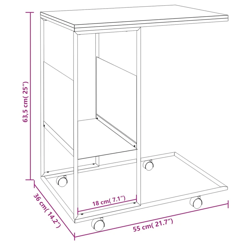 Table d'appoint en forme de C sur roulettes 55 x 36 x 63,5cm bois d'ingénierie marron et fer blanc DEC031294