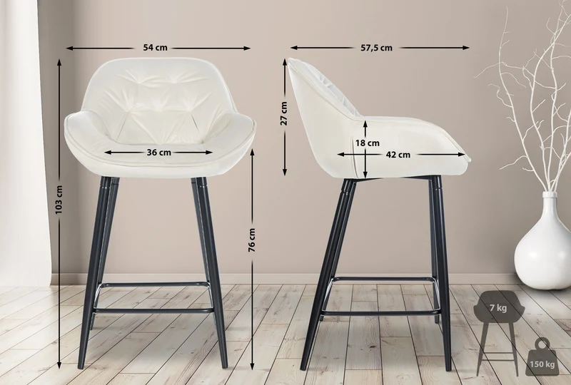 Lot de 2 tabourets de bar moderne en velours crème assise enveloppante capitonnée pieds métal noir 10_0006242