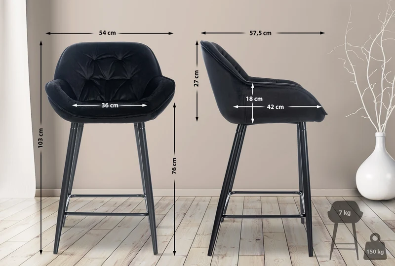 Lot de 2 tabourets de bar moderne en velours noir assise enveloppante capitonnée pieds métal noir 10_0005564