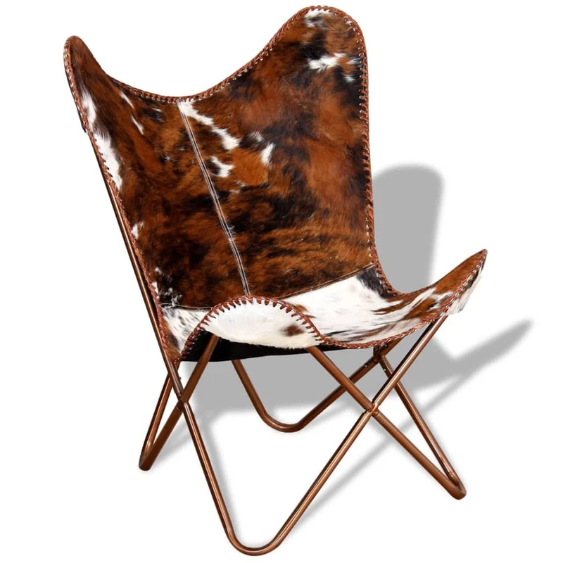 Fauteuil lounge design moderne papillon marron et blanc cuir de vache DEC026796