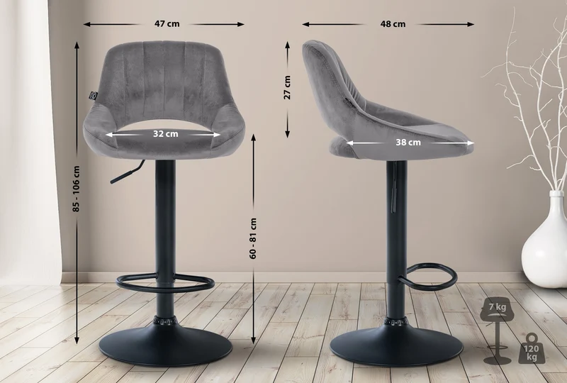 Lot de 2 tabourets de bar réglables en velours gris foncé dossier ajouré et pied métal noir 10_0005887