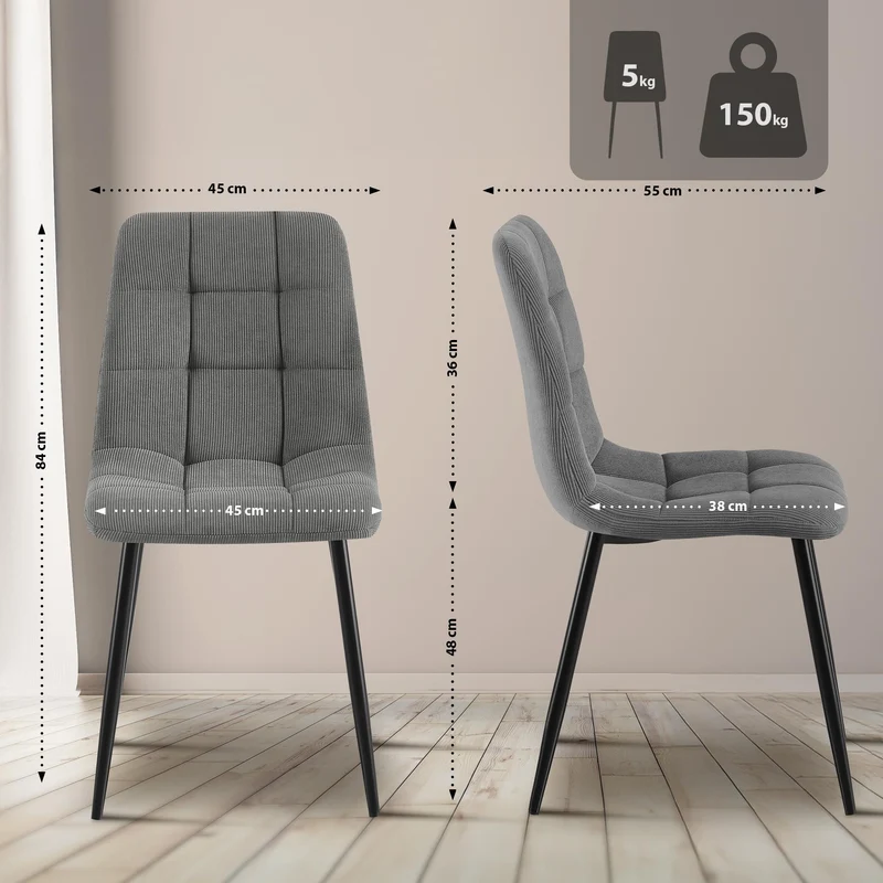 Chaise de salle à manger x1 coutures carrées matelassé en velours côtelé gris cadre métal 10_0007134