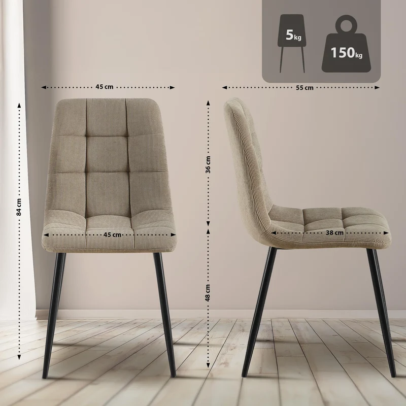 Chaise de salle à manger x1 coutures carrées matelassé en velours côtelé taupe cadre métal 10_0007132
