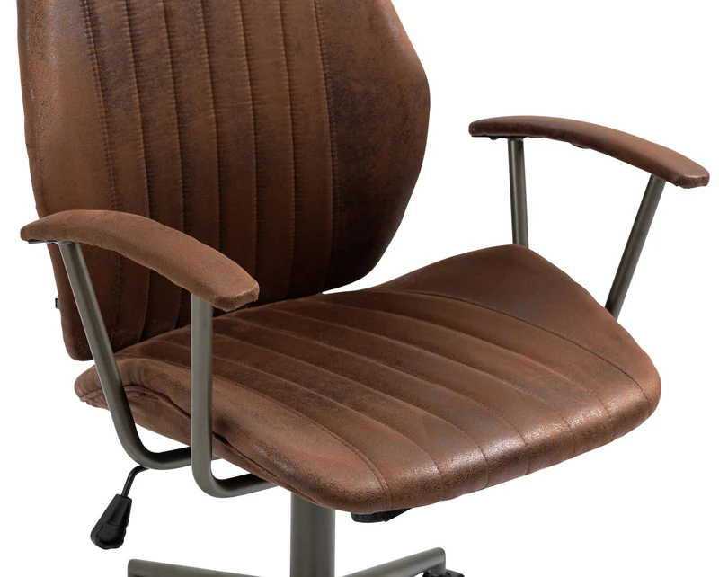 Fauteuil de bureau industriel vintage sur roulettes avec accoudoirs en synthétique marron vieilli pivotant BUR10689