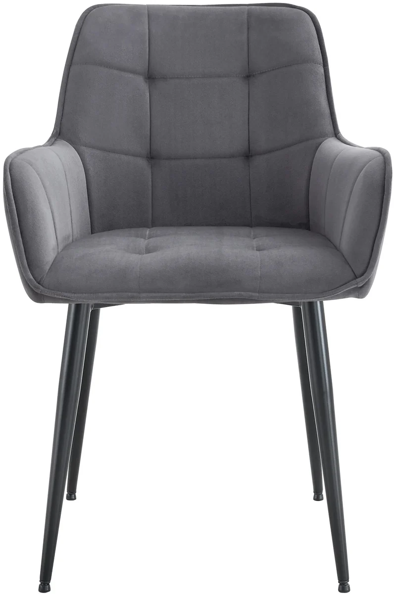 Chaise de salle à manger x1 avec accoudoirs en velours gris foncé capitonné cadre métal noir 10_0007193