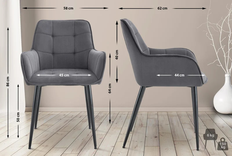 Chaise de salle à manger x1 avec accoudoirs en velours gris foncé capitonné cadre métal noir 10_0007193