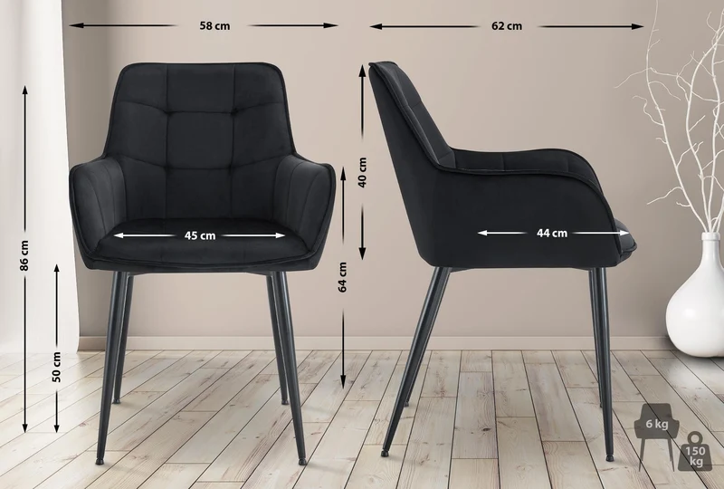 Chaise de salle à manger x1 avec accoudoirs en velours noir capitonné cadre métal noir 10_0007192