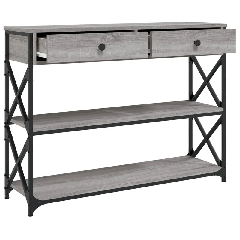 Table console meuble d'entrée avec étagères 100 x 28 x 75 cm bois d'ingénierie gris et métal DEC032187