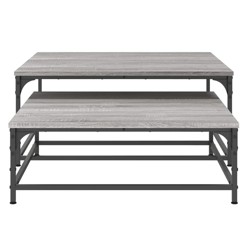 Set de 2 tables basses gigognes en bois d'ingénierie gris et fer DEC040524