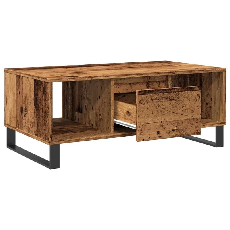 Table basse avec tiroir et compartiment ouvert 90 x 50 x 36,5 cm bois d'ingénierie marron et métal DEC040212